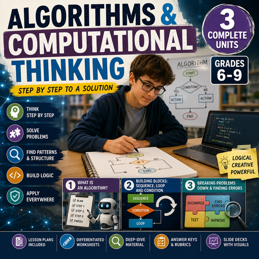 Algorithms and Computational Thinking – Computer Science Unit: Worksheets, Projects & Slides (Grades 6–9)