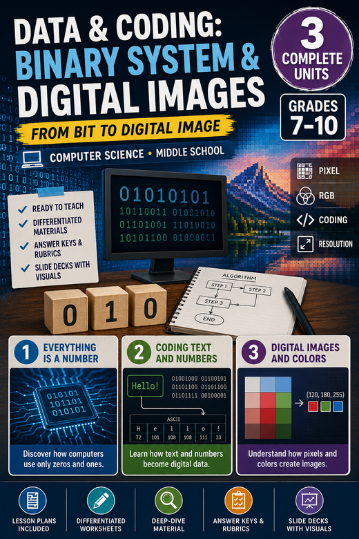 Data and Encoding: Binary & Digital Images β Computer Science Unit: Worksheets, Projects & Slides (Grades 6β9)