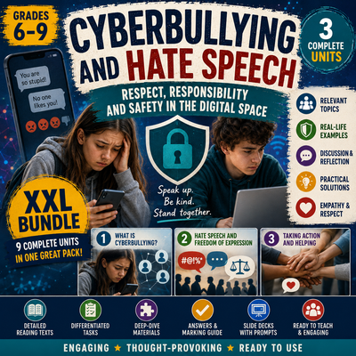 Cyberbullying and Hate Speech – Ethics Unit: Worksheets, Projects & Slides (Grades 6–9)