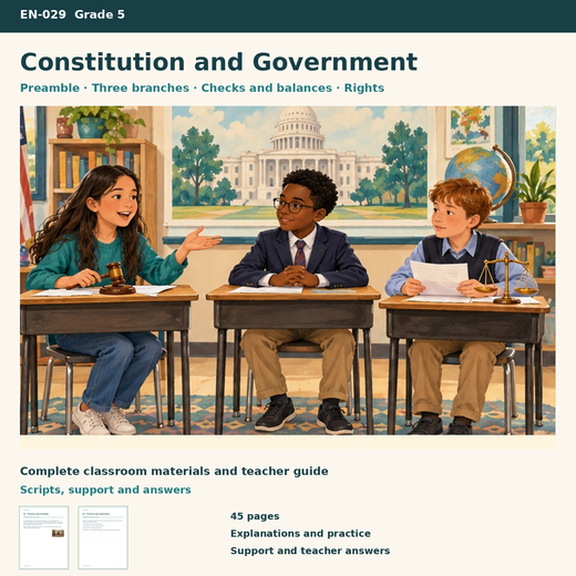 The US Constitution and Three Branches | 8 Lessons, Case Cards & a Project | Grade 5