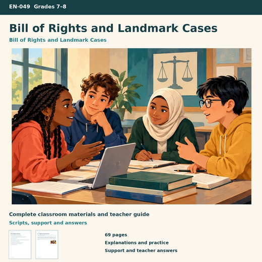 Bill of Rights and Landmark Cases | 8 Lessons, 10 Case Cards & a Fictional Hearing | Grades 7–8