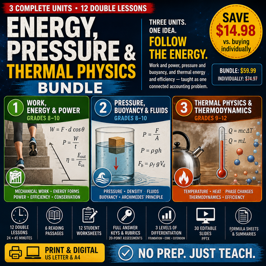 Energy, Pressure & Thermal Physics Bundle | Work, Fluids & Thermodynamics | 3 Complete Units | Grades 8–12