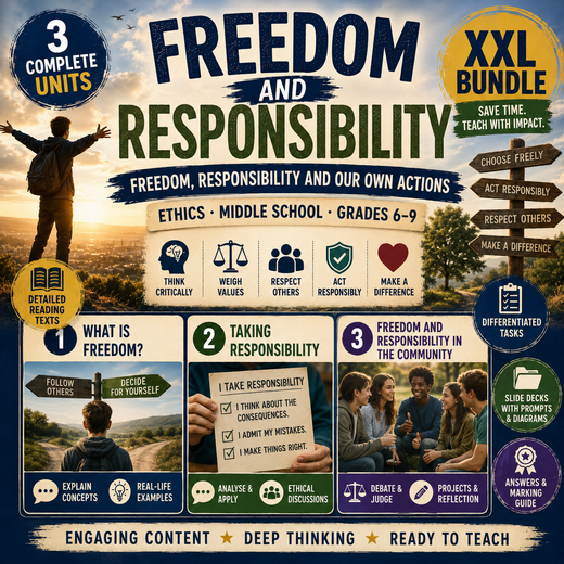 Freedom and Responsibility – Ethics Unit: Worksheets, Projects & Slides (Grades 6–9)