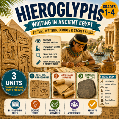 Hieroglyphs: Writing in Ancient Egypt Unit – Worksheets, Projects & Slides (Grades 1–4)