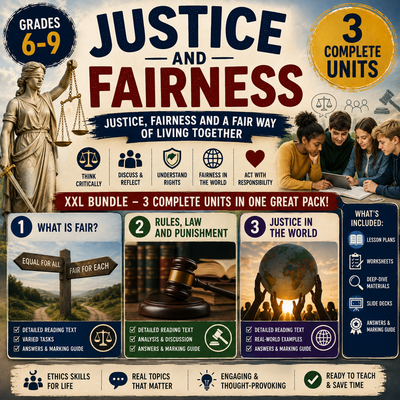 Justice and Fairness – Ethics Unit: Worksheets, Projects & Slides (Grades 6–9)