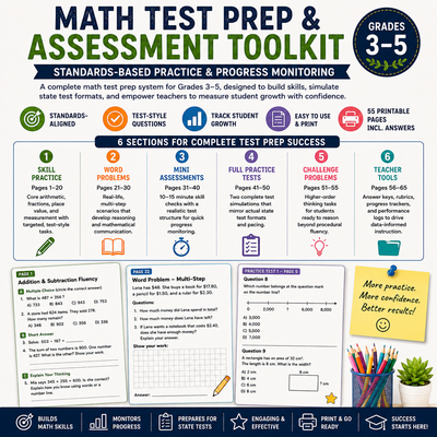 Math Test Prep & Assessment Toolkit | Standards-Based Practice & Progress Monitoring | Grades 3–5