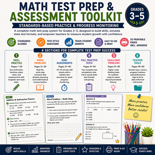 Math Test Prep & Assessment Toolkit | Standards-Based Practice & Progress Monitoring | Grades 3–5
