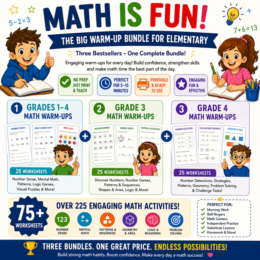 Printable elementary math bundle with 75 worksheets covering number sense, mental math, patterns, geometry, logic puzzles and engaging warm-up activities for Grades 1–4.
