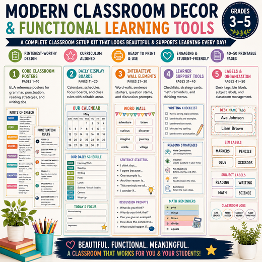 Modern Classroom Decor & Functional Learning Tools | Complete Classroom Setup Kit | Grades 3–5