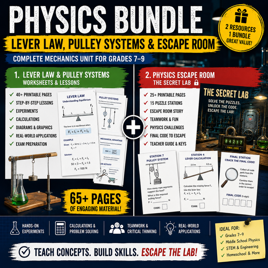 Printable physics bundle for Grades 7–9 featuring lever law, torque, pulley systems, mechanical advantage, experiments and a collaborative Physics Escape Room with over 65 printable pages.