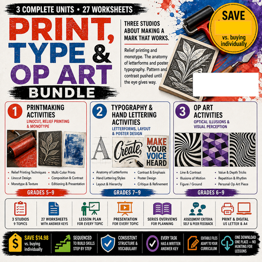 Print, Type & Op Art Bundle | Printmaking, Lettering & Optical Illusions | 3 Art Studios | Grades 5–9