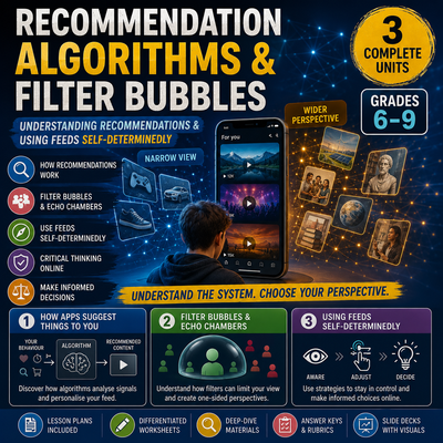 Recommendation Algorithms and Filter Bubbles – Computer Science Unit: Worksheets, Projects & Slides (Grades 6–9)