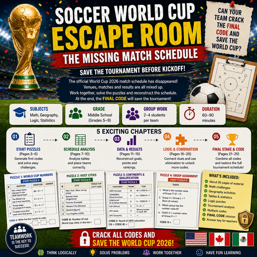 Soccer World Cup 2026 Escape Room | The Missing Match Schedule | Grades 5–9