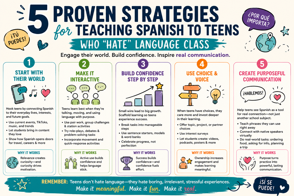 Spanish classroom engagement guide showing strategies for reluctant teen learners including student choice authentic media low risk speaking achievable challenges and real world communication