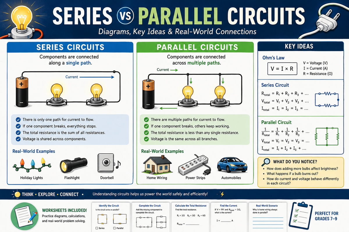 Series and parallel circuits worksheets featuring circuit diagrams current voltage resistance brightness predictions and middle school physics activities