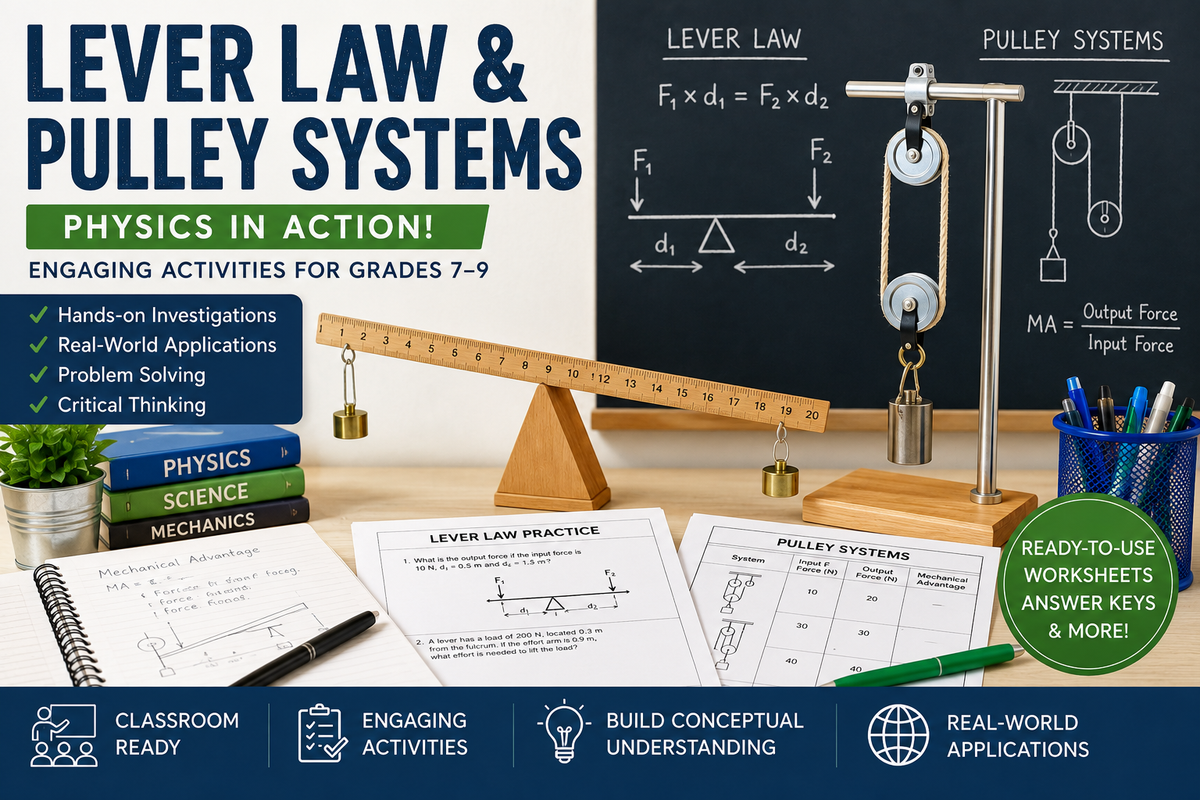 Lever law and pulley systems classroom activity with hands-on physics experiments, worksheets, and mechanical advantage demonstrations for Grades 7–9.