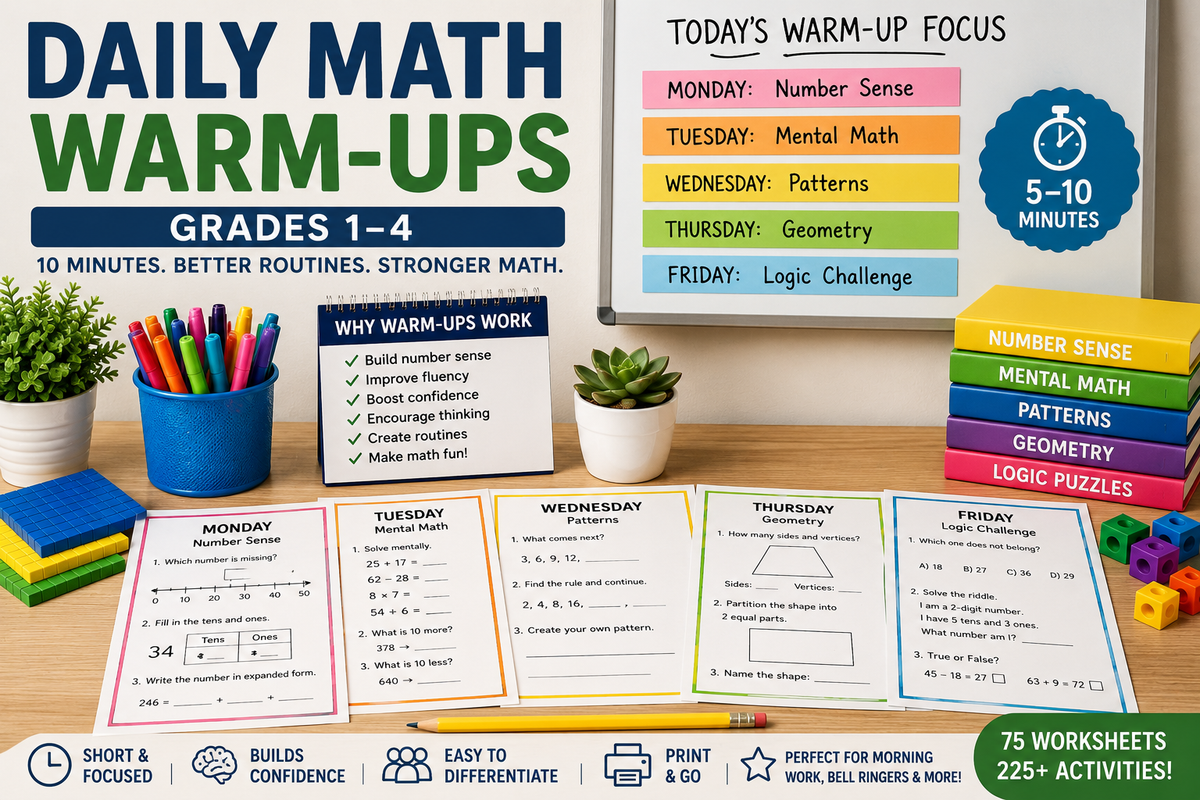 Daily math warm-up routine for Grades 1–4 with printable worksheets, bell ringers, number sense activities, mental math tasks, and morning work for elementary teachers.
