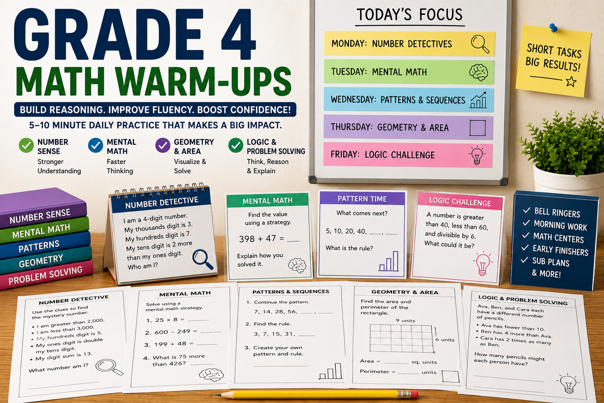 Grade 4 math warm-up worksheets with bell ringers, number riddles, mental math, geometry, area activities, patterns, reasoning tasks, and problem-solving challenges.
