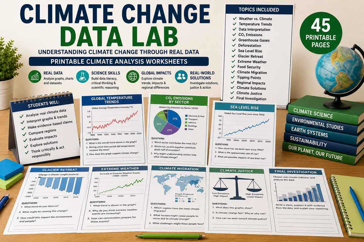 Climate Change Data Lab with printable climate data analysis worksheets, graphs, CO₂ emissions charts, temperature trends, sea level rise, glacier melt, extreme weather, and climate justice activities for science and geography teachers.