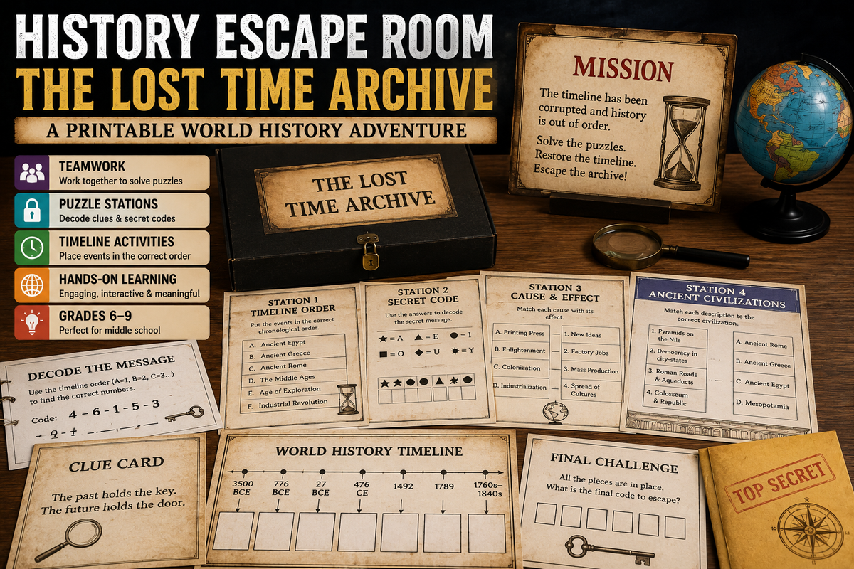 Printable history escape room with world history timeline puzzles, secret codes, ancient civilizations, Middle Ages, French Revolution, Industrial Revolution, and collaborative activities for Grades 6–9.