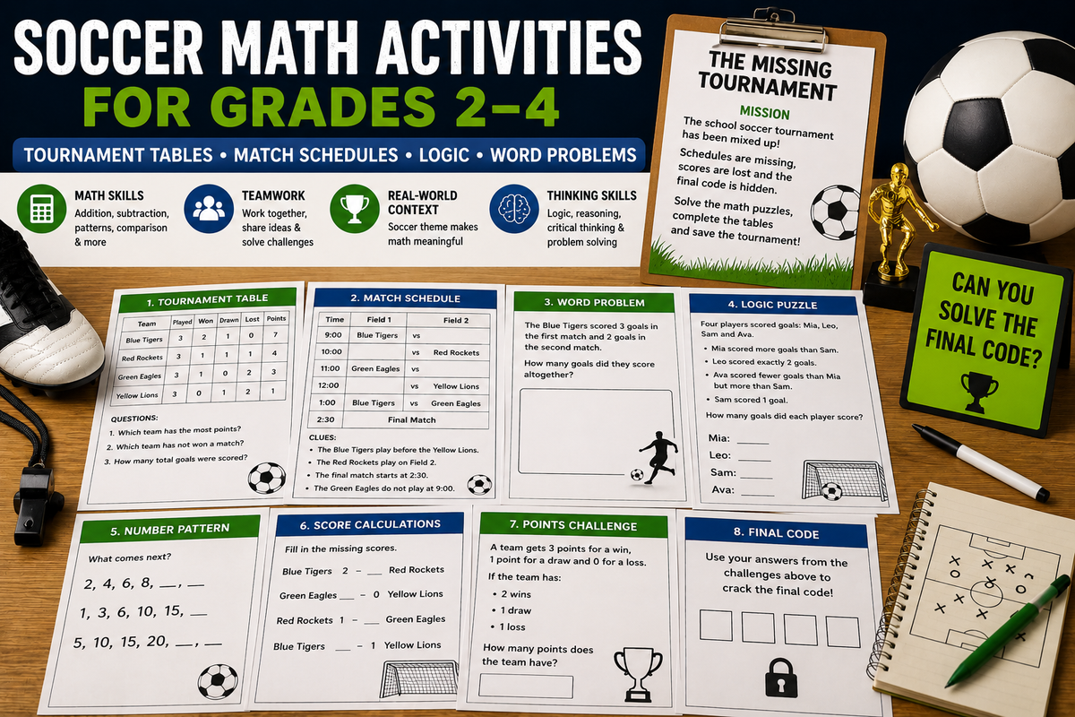 Soccer math activities for Grades 2–4 with tournament tables, match schedules, word problems, logic puzzles, teamwork challenges and printable classroom worksheets.
