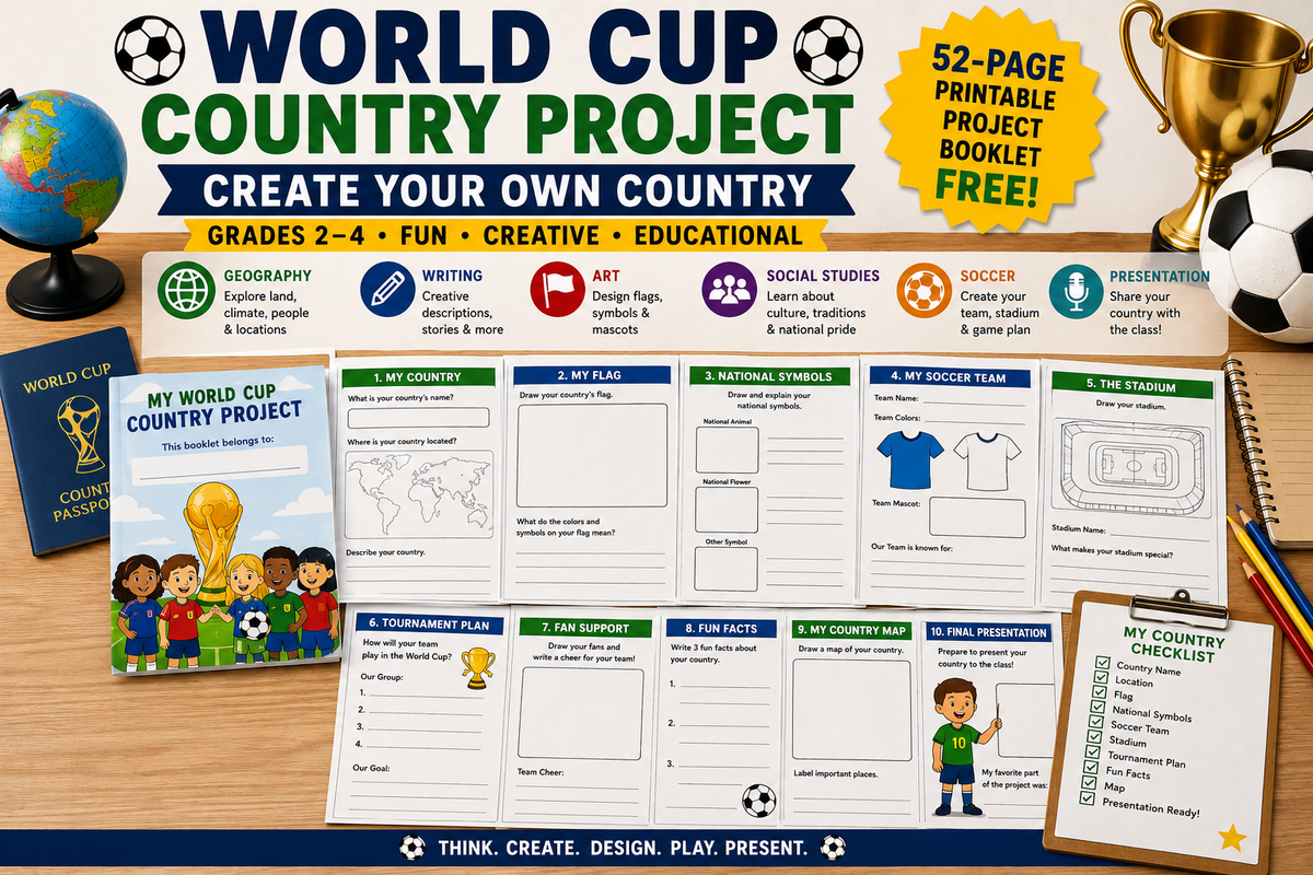 World Cup country project for Grades 2–4 with students creating a fictional country, flag, soccer team, stadium, national symbols, tournament plan and final presentation.