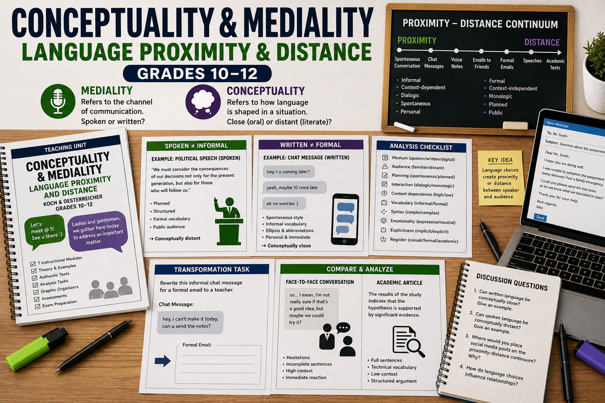 Conceptuality and mediality teaching unit for Grades 10–12 with language proximity and distance analysis, chat communication, email examples, speeches, text analysis and academic language tasks.