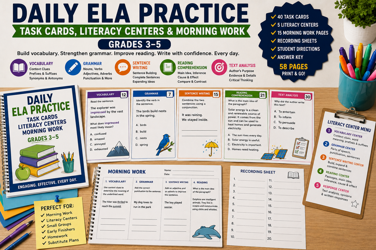 Daily ELA practice for Grades 3–5 with task cards, literacy centers, morning work, vocabulary, grammar, reading comprehension, sentence writing and independent literacy activities.