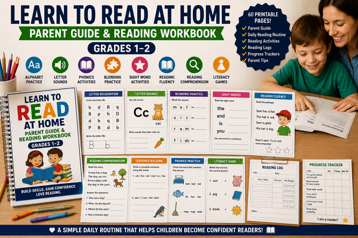 Learn to read at home workbook for Grades 1–2 with phonics activities, alphabet practice, blending, sight words, reading fluency, comprehension, parent tips and daily reading routines.
