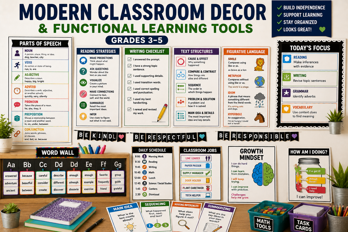 Modern classroom decor for Grades 3–5 with anchor charts, grammar posters, reading strategies, writing checklists, vocabulary wall, classroom routines and student learning tools.