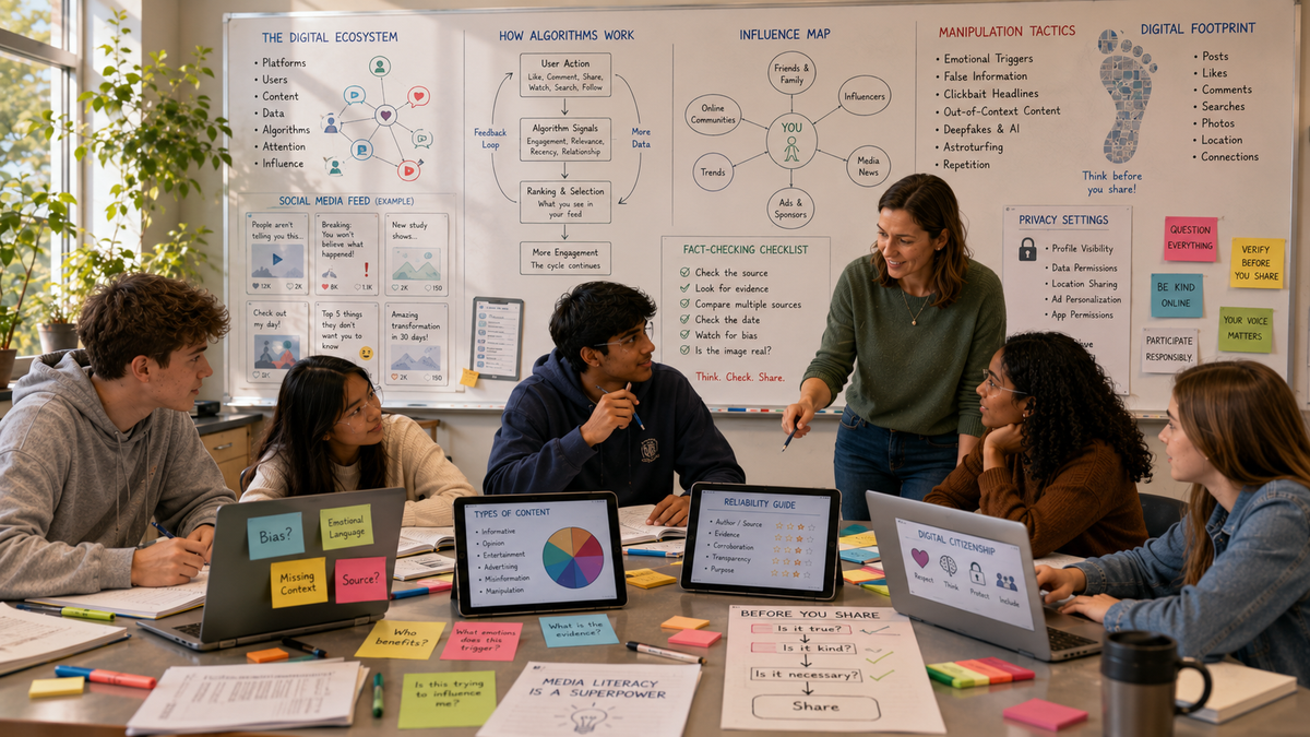 Students explore social media, digital platforms, algorithms, online participation, influence, manipulation, and media literacy in a modern classroom.
