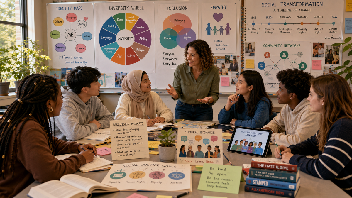 High school students explore diversity, inclusion, identity, empathy, social transformation, and respectful dialogue through collaborative classroom learning.