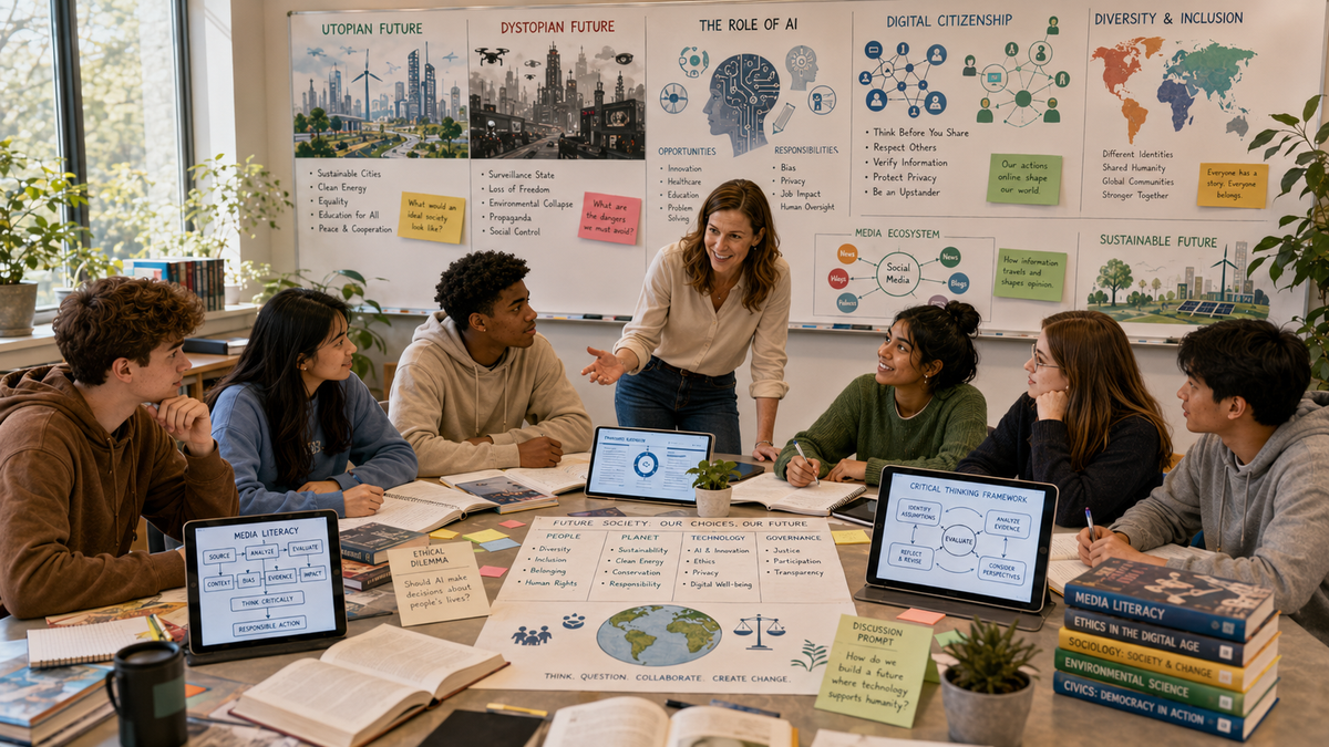 High school students collaborate while exploring future societies, media literacy, artificial intelligence, diversity, digital citizenship, ethics, and literary analysis in an interdisciplinary classroom.