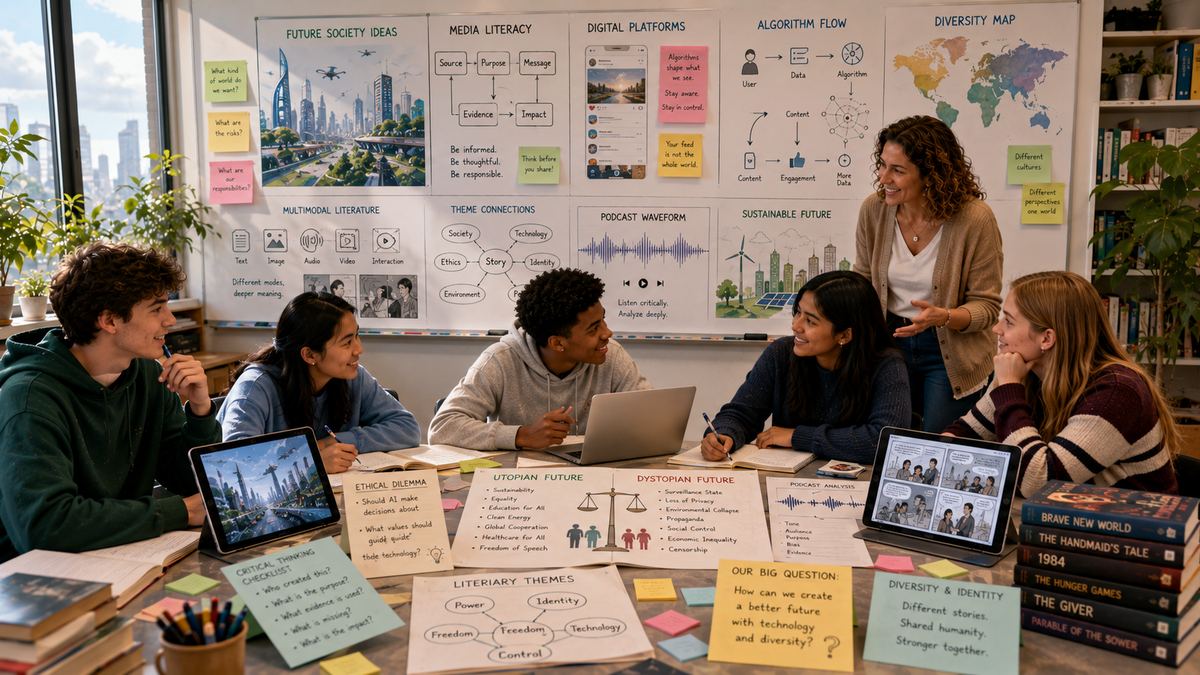 High school students explore future society, media literacy, diversity, digital platforms, multimodal literature, and dystopian fiction in an English classroom.
