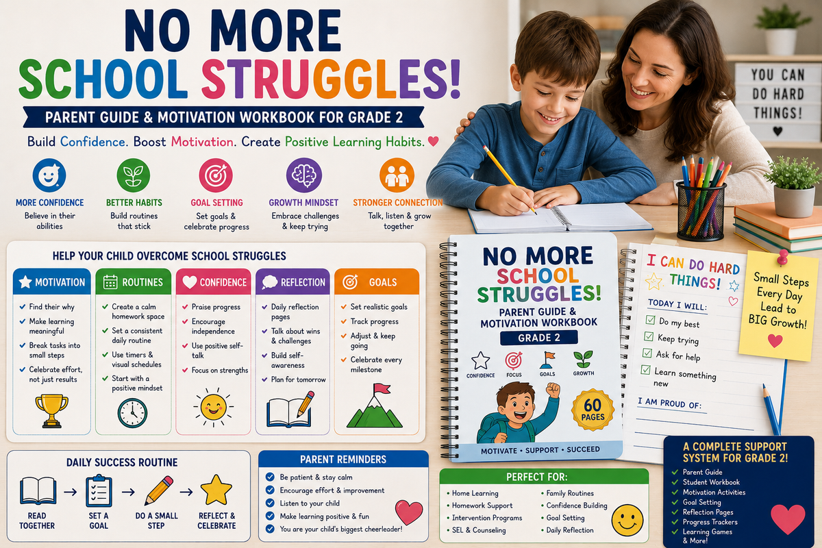 Grade 2 parent guide for school motivation with confidence-building activities, growth mindset routines, goal setting, reflection pages, learning games and positive homework habits.