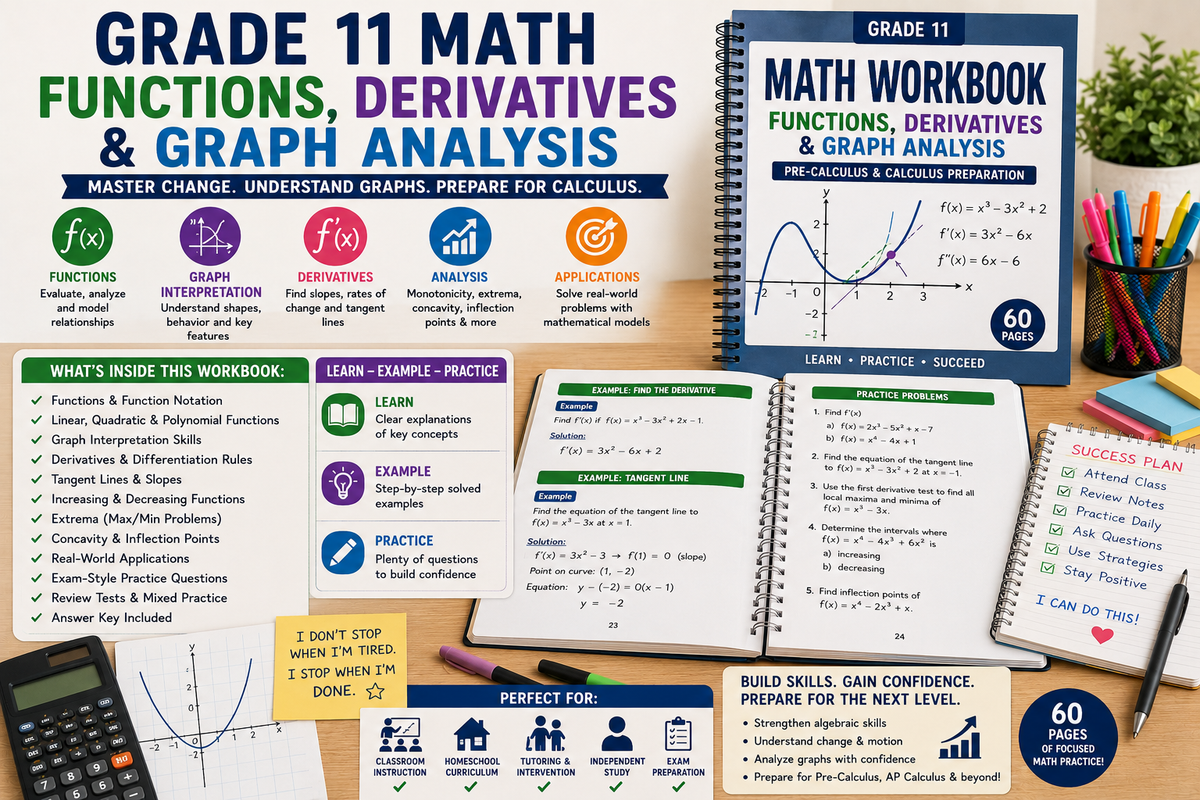 Grade 11 math workbook with functions, derivatives, graph analysis, polynomial functions, tangent lines, extrema, concavity, inflection points and calculus preparation activities.