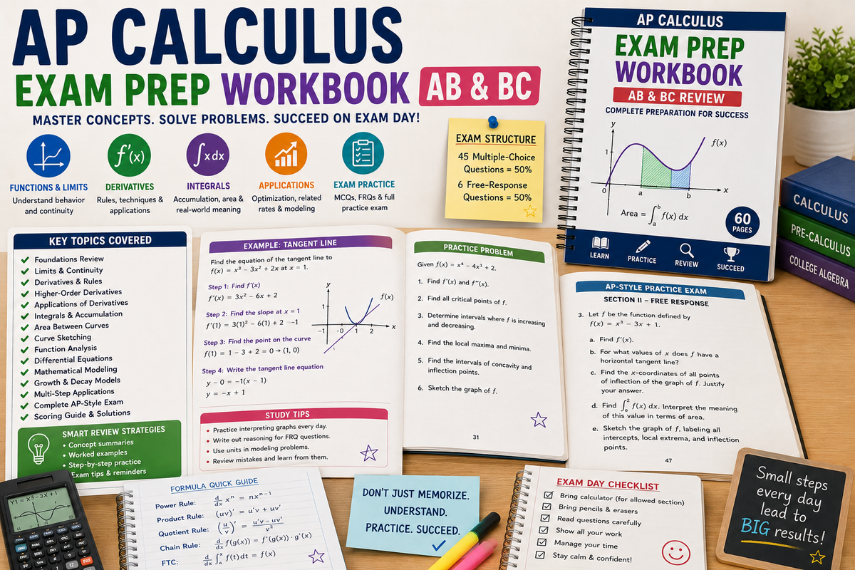 AP Calculus exam prep workbook for AP Calculus AB and BC with limits, derivatives, integrals, optimization, curve sketching, modeling tasks, FRQ practice and full AP-style practice exam.
