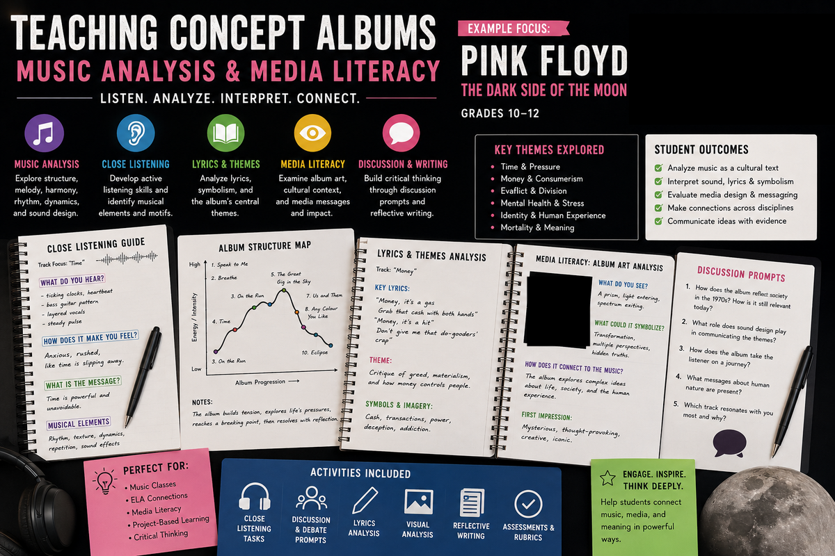 High school music analysis lesson about concept albums with close listening, media literacy, sound design, symbolism, cultural context, discussion tasks and reflective writing.