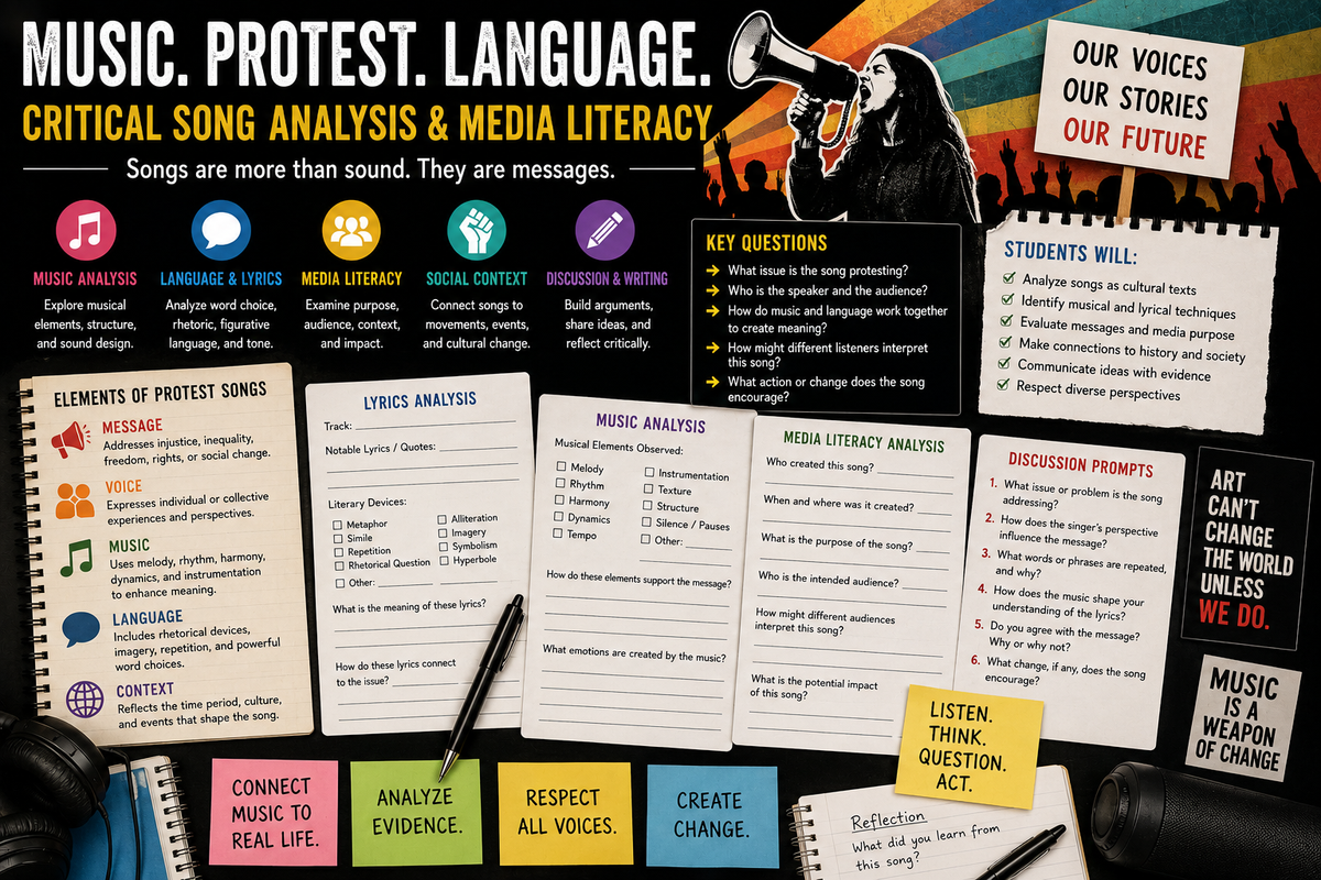 High school protest song analysis lesson with music, language, rhetoric, media literacy, close listening, civic discussion, symbolism and critical thinking tasks.