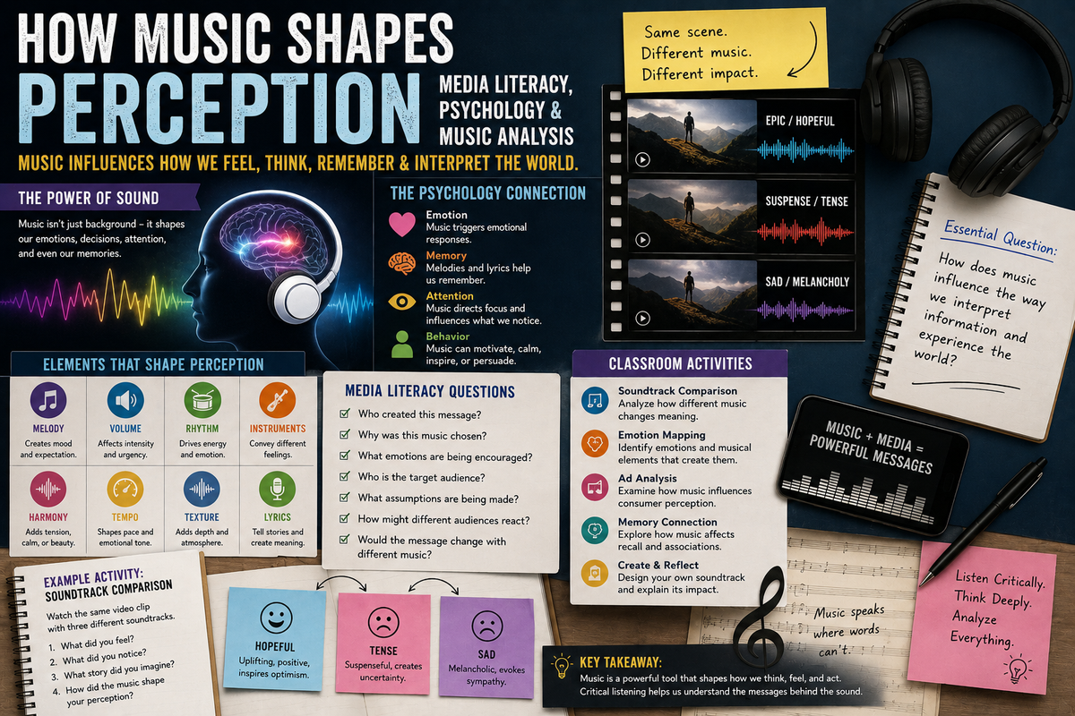 Educational poster about how music shapes perception, emotion, memory and media interpretation through sound, psychology and music analysis.