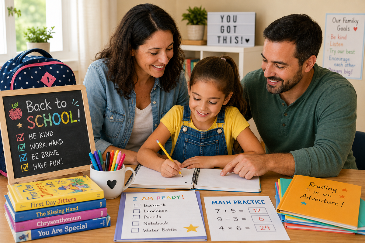 Elementary school child preparing for the new school year with books, reading activities, math practice sheets, school supplies and supportive parents helping at home.