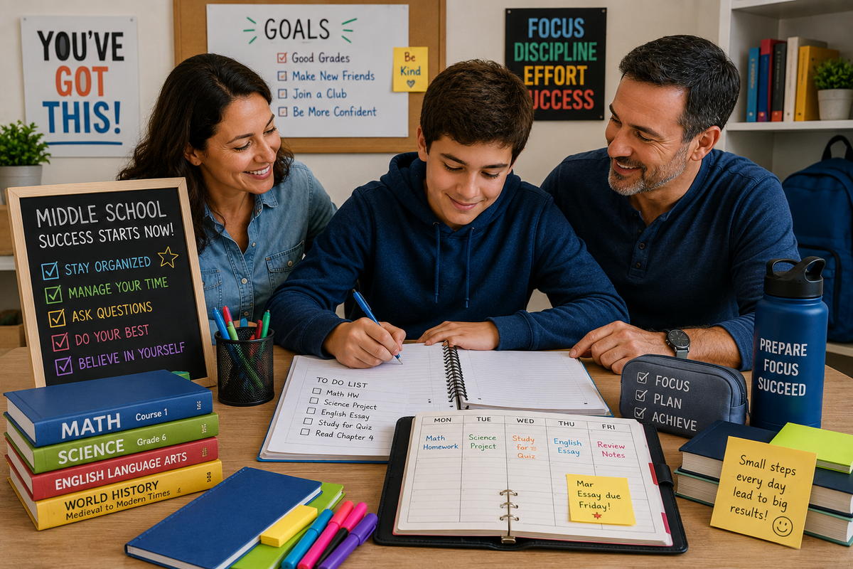 Middle school student organizing school supplies, planner, textbooks and study materials while preparing for the new school year with family support at home.