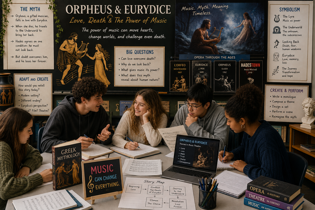 High school students exploring the myth of Orpheus and Eurydice through music theatre, opera, Greek mythology, symbolism, storytelling and creative classroom discussion.