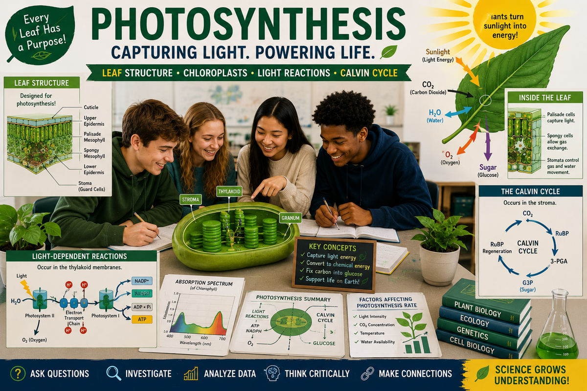 High school biology students exploring photosynthesis, leaf anatomy, chloroplast structure, light reactions, the Calvin cycle, carbon fixation and plant adaptations through inquiry-based science activities.