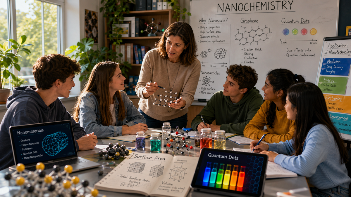 High school chemistry students investigate nanochemistry, graphene, quantum dots, nanomaterials, surface properties, and STEM applications in a realistic classroom.