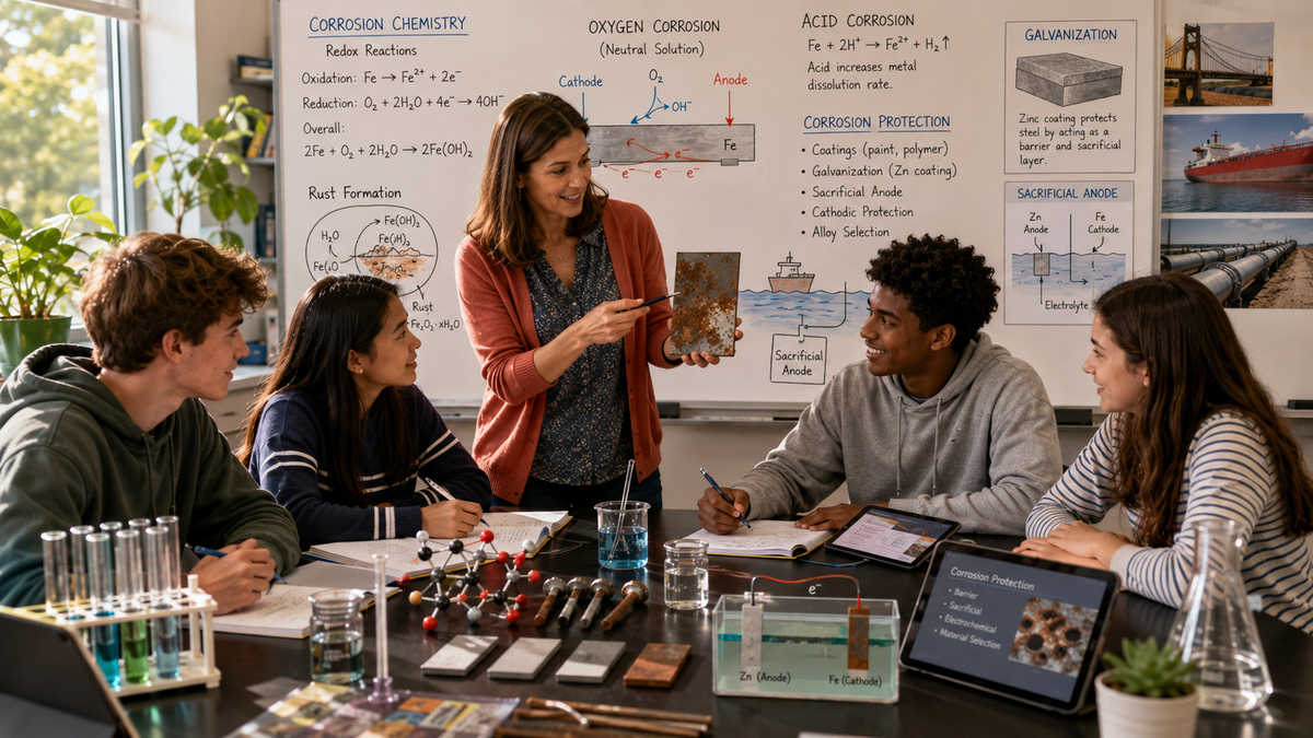 High school chemistry students explore corrosion chemistry, oxygen corrosion, acid corrosion, rust formation, redox reactions, and corrosion protection.