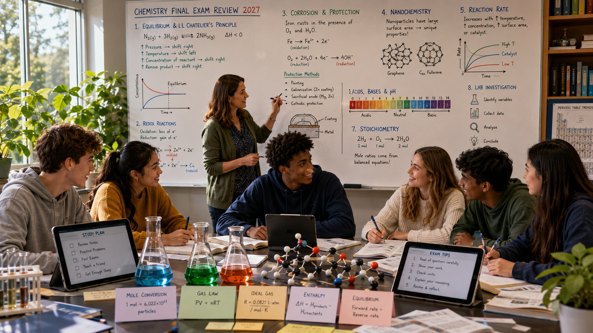 High school chemistry students review equilibrium, redox reactions, corrosion, nanochemistry, lab skills, and final exam topics for 2027.