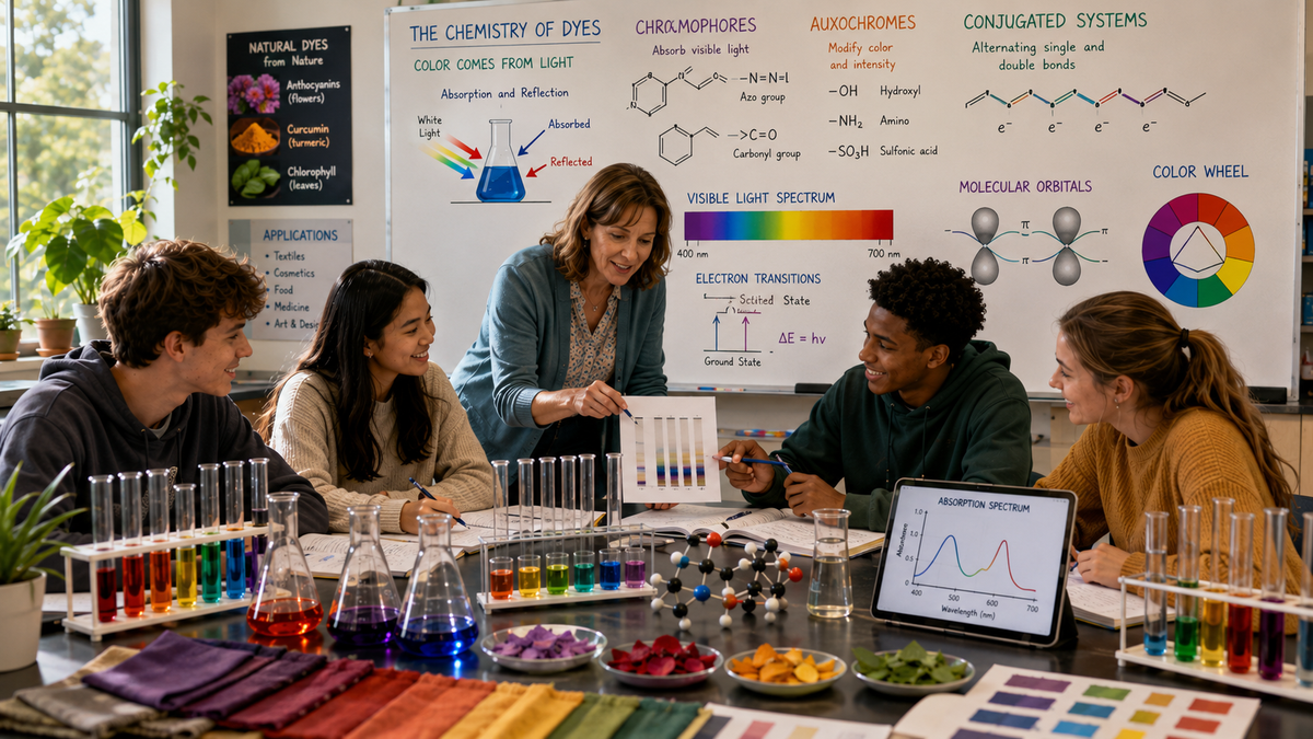High school chemistry students investigate chromophores, dyes, conjugated systems, molecular structures, and color chemistry during an engaging classroom lesson.