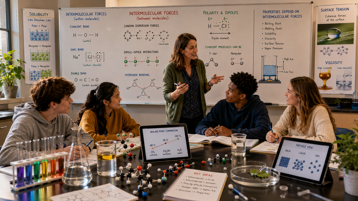 High school chemistry students investigate intermolecular forces, intramolecular bonds, polarity, hydrogen bonding, solubility, and properties of matter.
