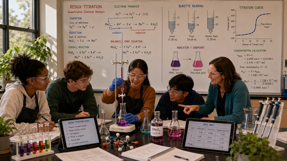 High school chemistry students perform a redox titration experiment while exploring oxidation, reduction, quantitative chemical analysis, stoichiometry, and laboratory techniques.